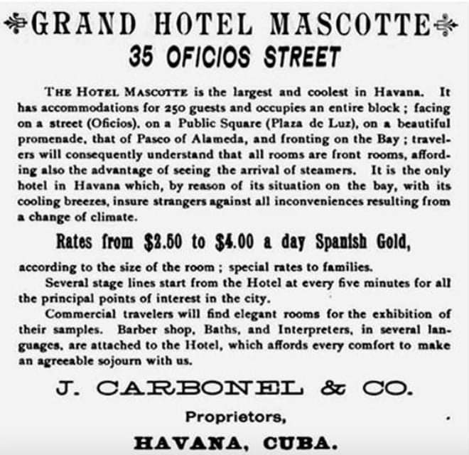 Publicidad del hotel Mascotte de La Habana
