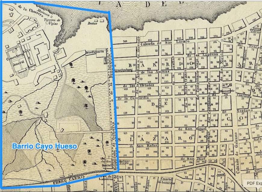 Plano de la década de 1850 en el que se observan ya algunos edificios públicos en lo que luego sería la barriada de Cayo Hueso