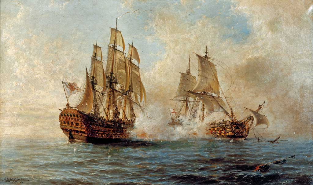 Barcos español e inglés en Combate siglo XVIII