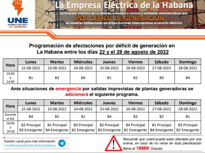 Programacion de apagones en La Habana del 18 al 22 de agosto