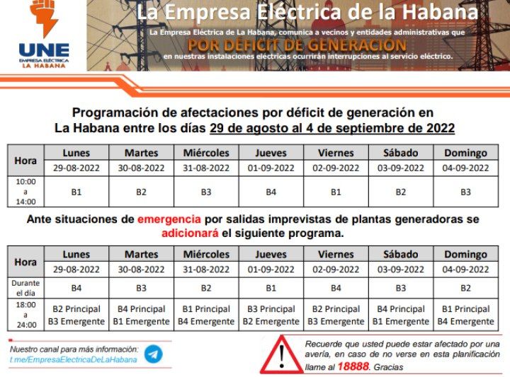 Programación de apagones para La Habana (Semana del 29 de agosto al 4 de septiembre)