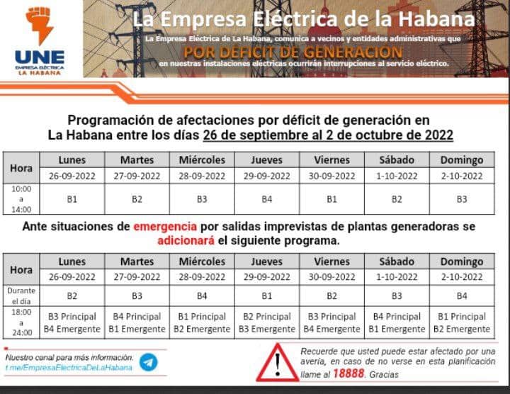 Programación de apagones en La Habana (Semana del 26 de septiembre al 2 de octubre)