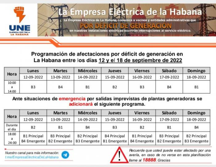 Programación de apagones para La Habana (semana del 12 al 18 de septiembre)