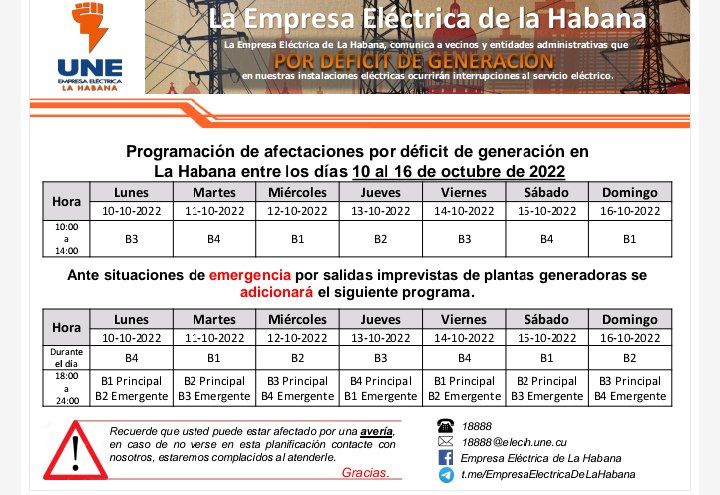 Programación de apagones en La Habana (semana del 10 al 16 de octubre)