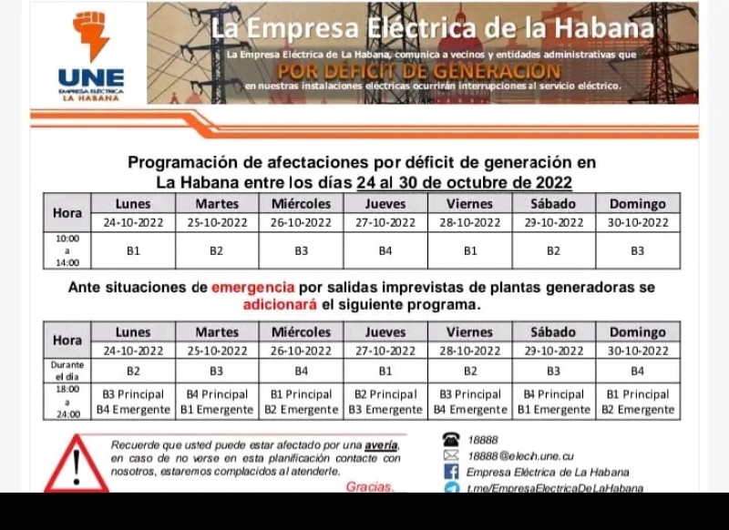 Programación de apagones en La Habana (semana del 24 al 30 de octubre)