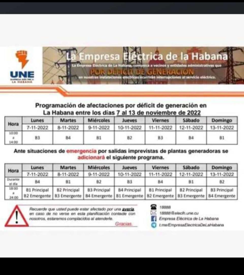 Programación de apagones en La Habana (Semana del 7 al 13 de noviembre)