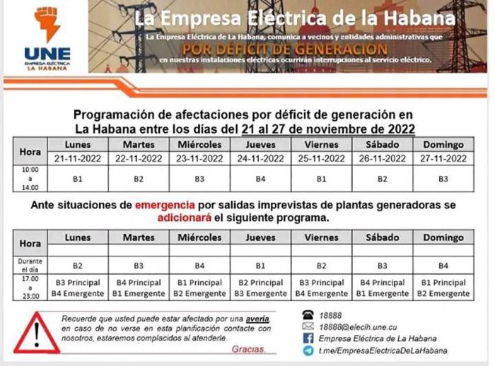 Programación de apagones en La Habana (Semana del 21 al 27 de noviembre)