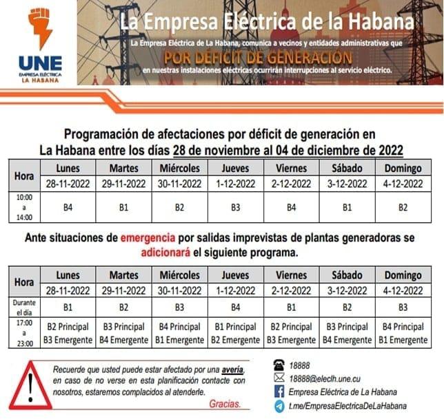 Programación de apagones en La Habana (Semana del 28 de noviembre al 4 de diciembre)