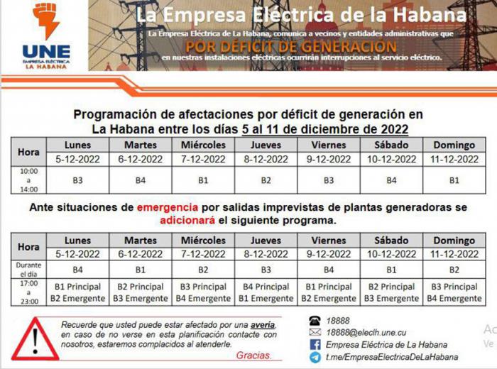 Programación de apagones en La Habana (Semana del 5 al 11 de diciembre)